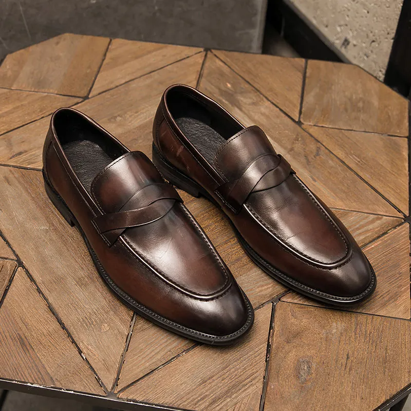 Men British Style Loafers Casual Slip-on Faux Leather Shoes Gradient Burnished Hand-stitched Business Flat Shoes