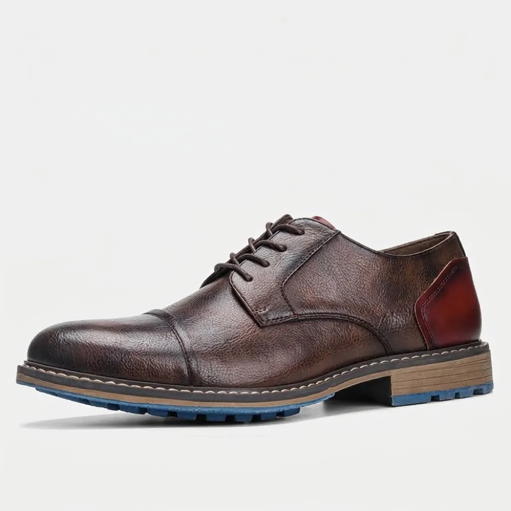 Men Business Casual Leather Shoes Retro Burnished Finish Derby Shoes Lace-Up Synthetic Leather Low Top Dress Shoes For Office Work