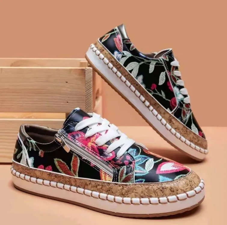 Women Ethnic Floral Print Platform Casual Shoes Low Top Side Zipper Lace-up Flat Loafers Breathable Comfortable Walking Shoes
