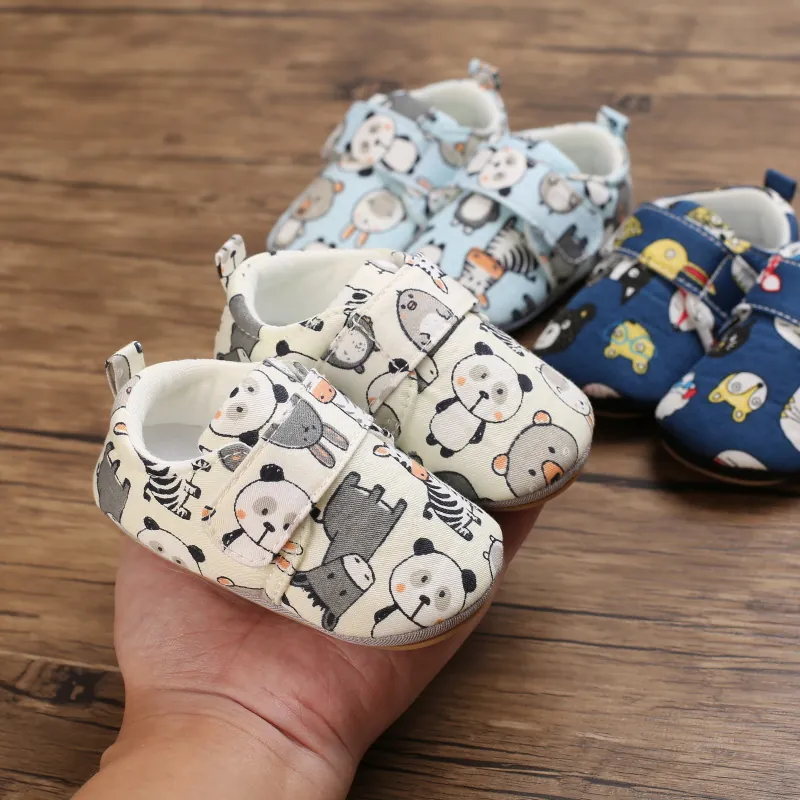 Baby First Walkers Infant Toddler Shoes Cartoon Animal Print Soft Sole Non-Slip Canvas Prewalker Shoes Hook And Loop