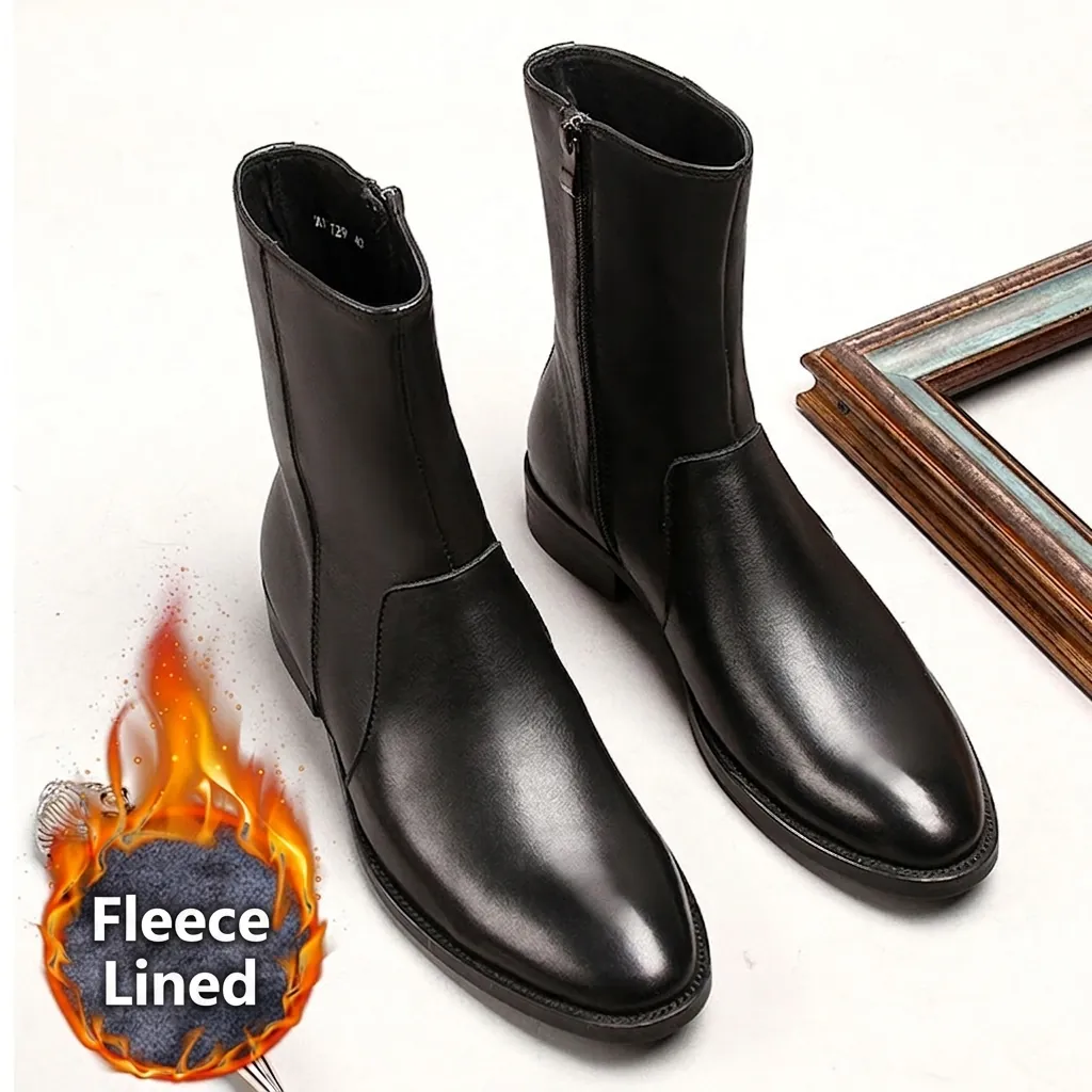 Herren Chelsea Boots Echtes Rindsleder Wadenhoch Spitzes Zehen British Casual Stiefel Seitenreißverschluss Fleece Gefüttert Winter Lederstiefel