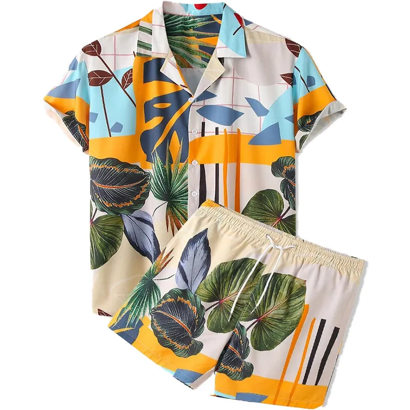 Hombre Parte Superior E Inferior Estampado Hojas Tropicales Camisa De Manga Corta Y Pantalones Cortos Poliéster Casual