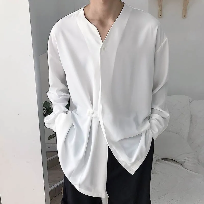 Camicia Cardigan da Uomo in Poliestere a Tinta Unita Manica Lunga Scollo a V Vestibilità Comoda Top Asimmetrico Moda Minimalista