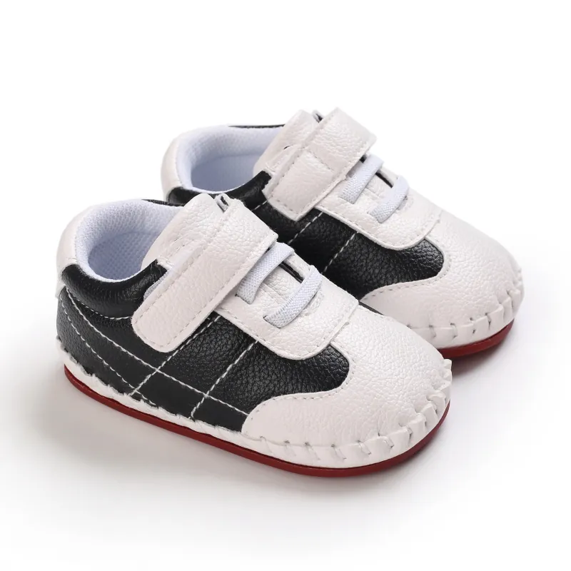 Baby Lernlaufschuhe Kleinkind Obermaterial aus PU-Leder Weiche Rutschfeste Sohle Sneaker Lässig Klettverschluss Patchwork Gehsport-Schuhe
