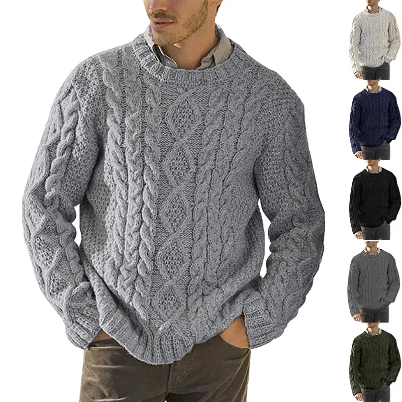 Heren Ronde Hals Lange Mouw Kabelbreisel Trui Winter Warm Effen Kleur Pullover Casual Mode Urban Top
