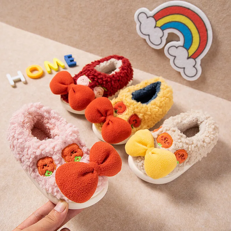 Süße Schleife Kleinkind Baumwollschuhe Winter Warm Superweiches Fleece Plüsch Vollferse Hausschuhe Rutschfest Für Kinder Jungen Mädchen