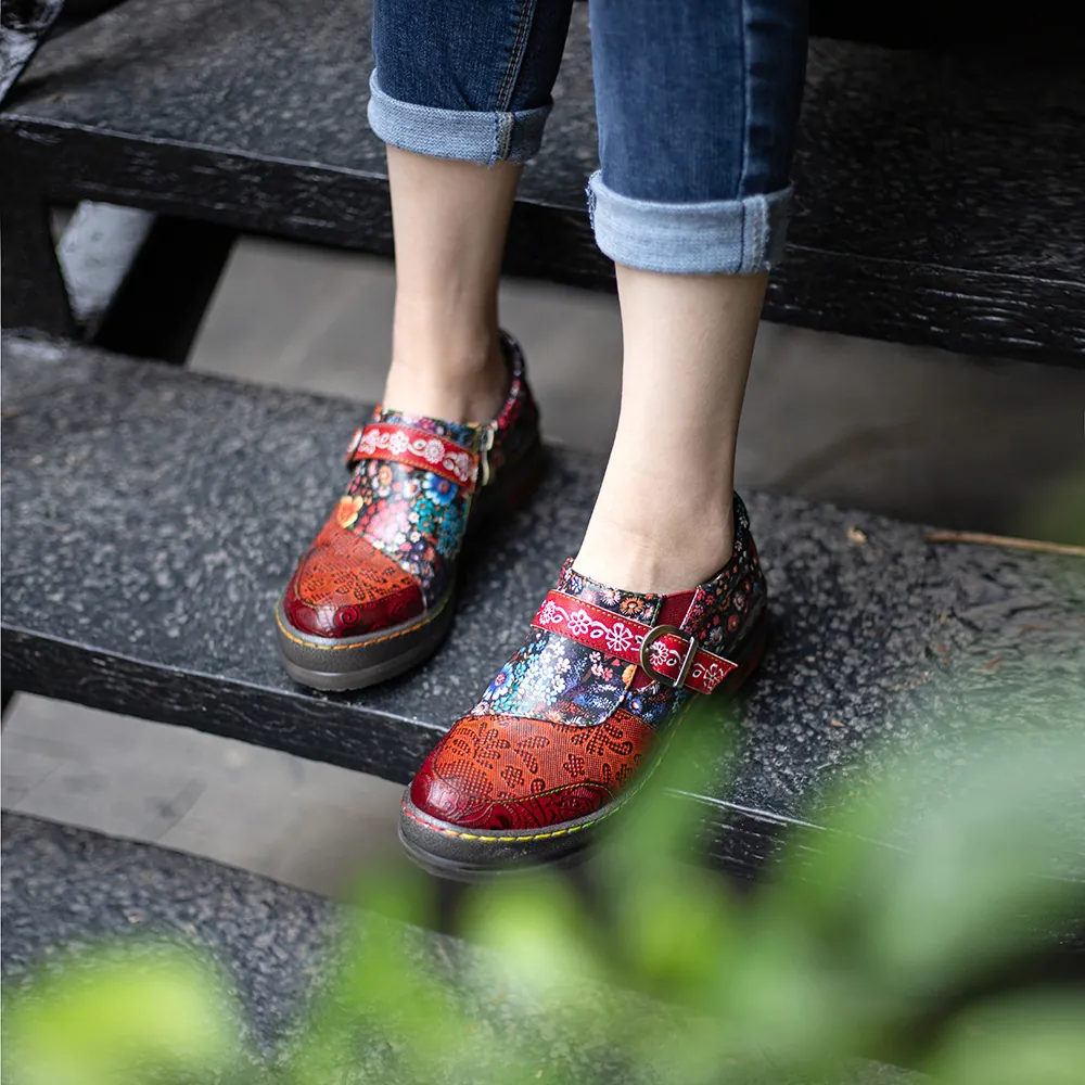Vintage Ethnic Style Women Genuine Leather Flat Shoes Hand-Colored Floral Pattern Round Toe Comfortable Casual Loafers