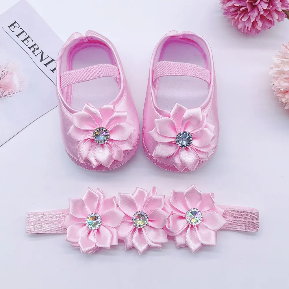 Baby Girl Princess Shoes Headband Net Cloth Satin Flower Rhinestone Soft Sole Pre-walker Newborn Infant Baptism Party Shoes