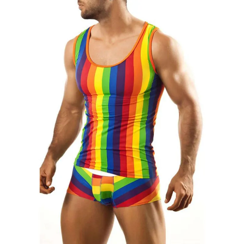 Herren Sexy Regenbogen Gestreift Schlafanzug Set Tank Top Und Shorts Hausanzug Gay Pride Ärmellose Weste Eng Schlafbekleidung Top Und Bottom