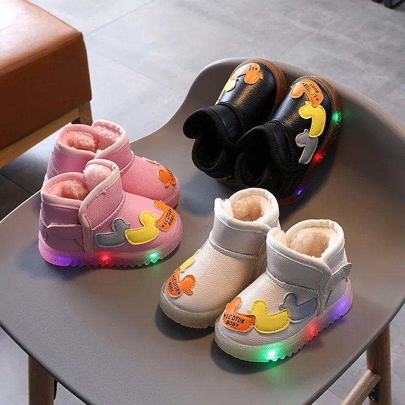 Botas de Nieve con Luces LED para Niños Pequeños Invierno Cálido Forrado de Felpa Pato de Dibujos Animados Botas de Cuero PU Zapatos Casuales