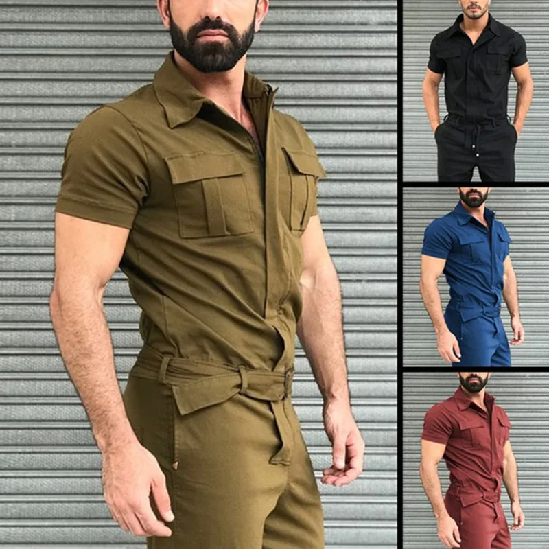 Men Casual Workwear Jumpsuit Short Sleeve Lapel Solid Color Romper With Belt Multi-Pockets Cotton Blend One-Piece Outfit