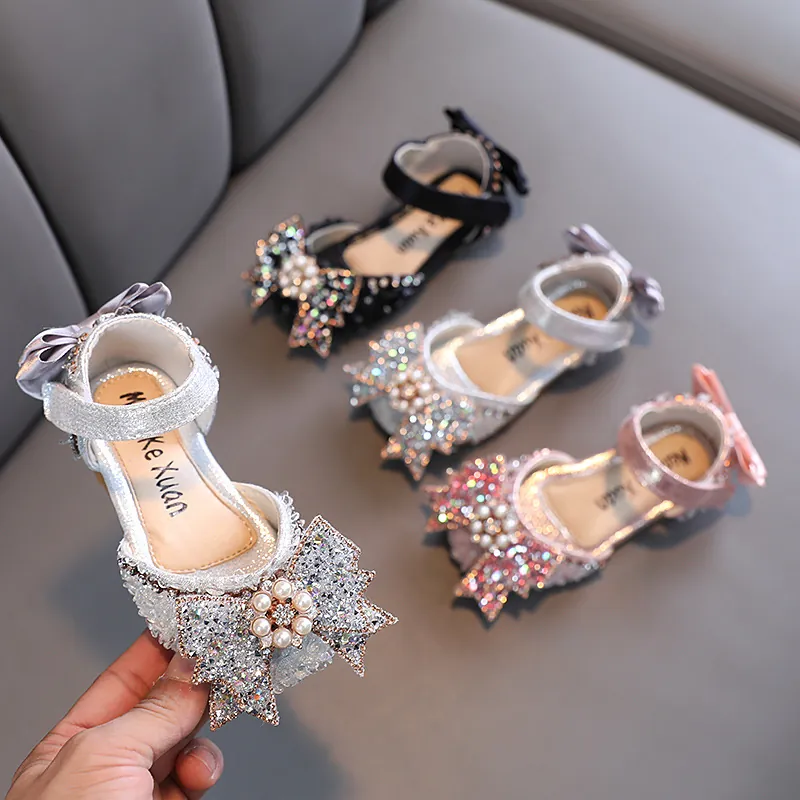 Girls Rhinestone Bowknot Princess Sandals Soft Sole Synthetic Leather Artificial Pearl Decor Mary Jane Shoes For Party Wedding