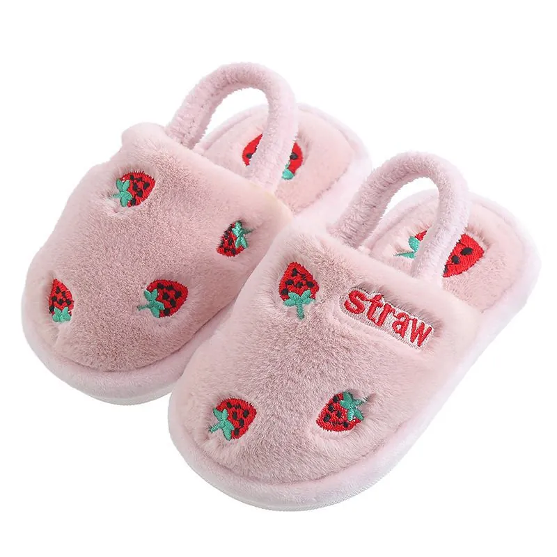 Chaussons en Peluche d'Hiver pour Enfants Garçons Filles Broderie de Fruits de Dessin Animé Chaud Antidérapant Chaussures de Maison Avec Bride de Talon Élastique
