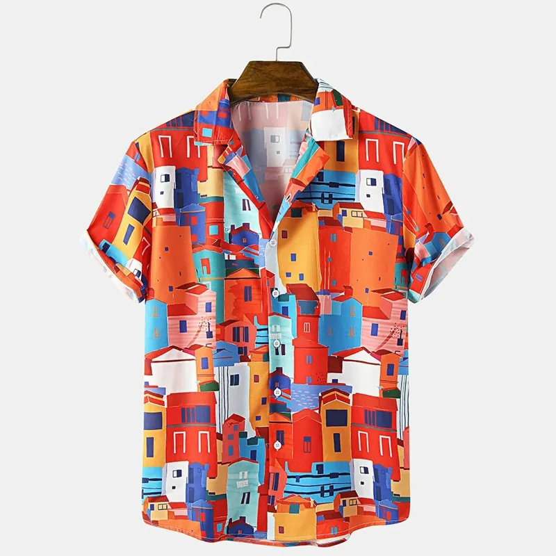 Men's Summer Short Sleeve Printed Shirt Hawaiian Beach Vacation Polyester Loose Fit Turn-down Collar Colorful Town Print Top