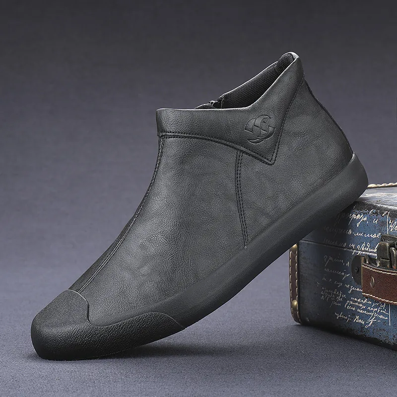 Men Mid-Top Casual Leather Boots British Style Slip-On Side Zip Microfiber Rubber Sole Autumn Unlined Warm Fleece Lined Shoes