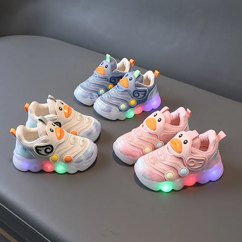 Toddler LED Light Up Sneakers Cartoon Duck Breathable Mesh Soft Sole Baby First Walkers Casual Kids Sport Shoes