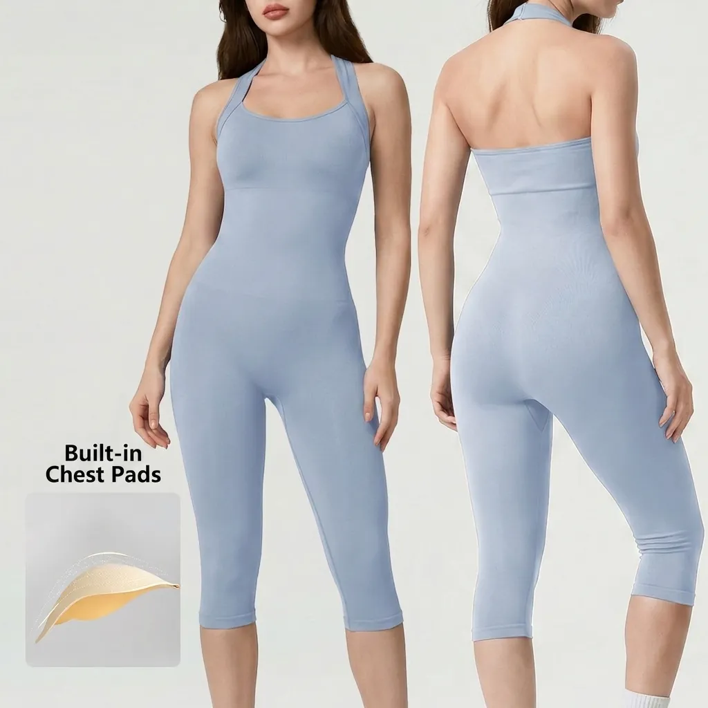 Tuta da Yoga Senza Cuciture Scollo all'Americana Donna Senza Maniche Schiena Scoperta Body da Allenamento Aderente Romper Sportivo