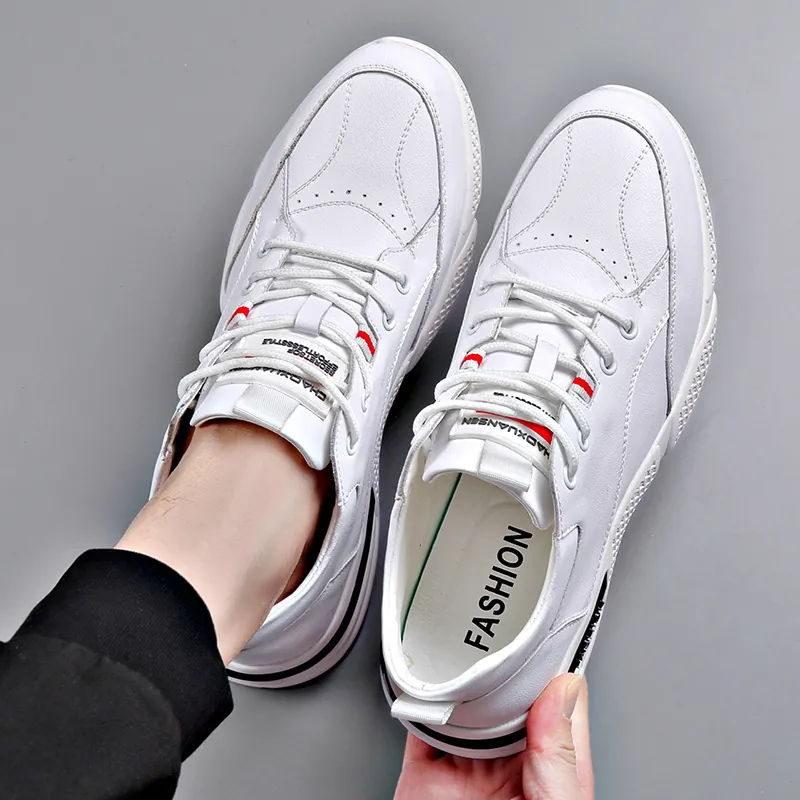 Men Korean Style Breathable White Casual Board Shoes Split Cowhide Leather Soft Sole Height Increasing Fashion Sneakers Men Flat Shoes