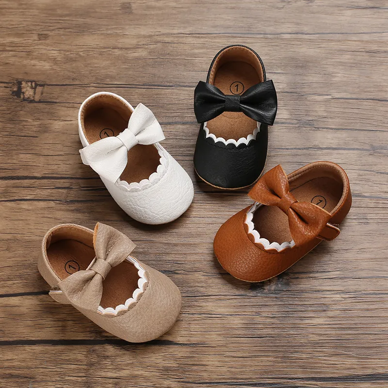 Infant Baby Girls Walking Shoes Soft Sole Breathable Princess Shoes Artificial Leather Mary Jane With Large Bow Scalloped Trim