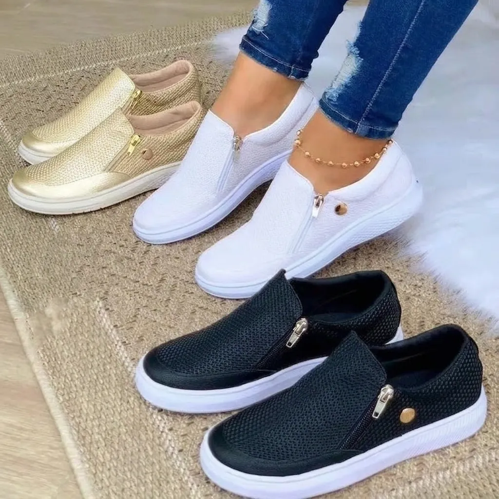 Γυναικεία Casual PU Λουστρίνι Χαμηλά Sneakers Στρογγυλή Μύτη Φλατ Παπούτσια Πλαϊνό Φερμουάρ Μονόχρωμα Μόδα Μεγάλο Μέγεθος Παπούτσια Περιπάτου
