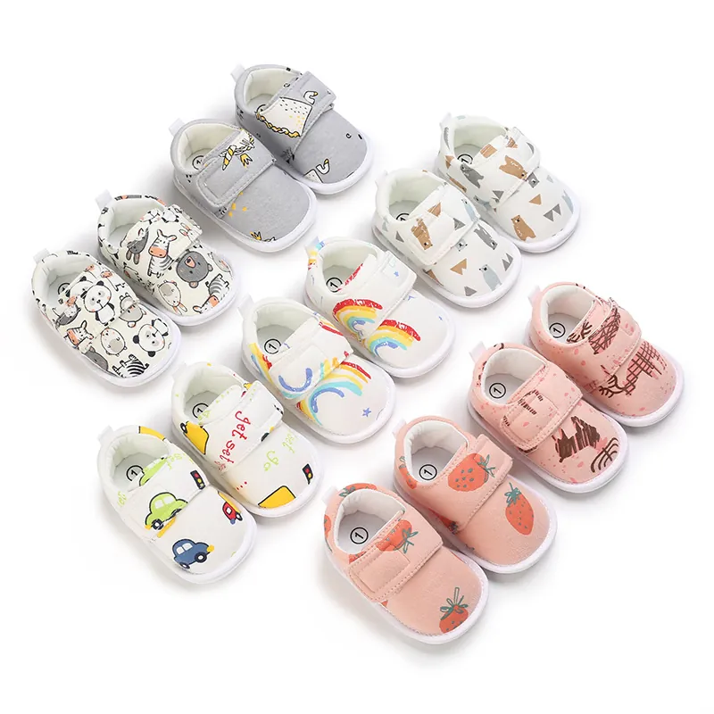 Chaussures de Premiers Pas Bébé Semelle Souple Imprimé Dessin Animé pour Nourrissons 0-1 An Tissu Coton Auto-agrippant