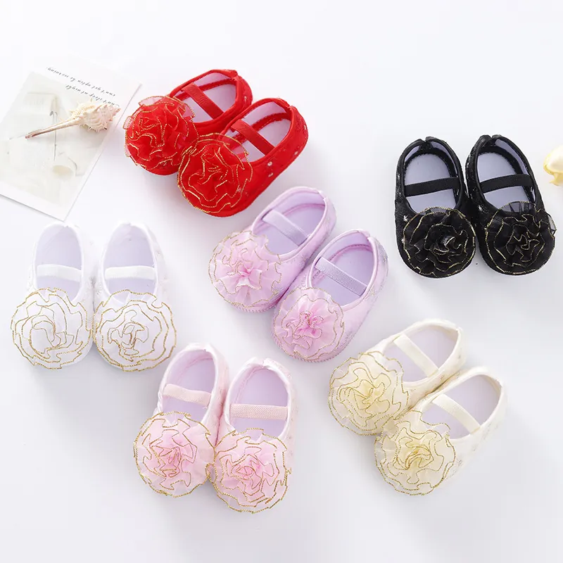 Baby Girls Princess Shoes Soft Sole Gold Trim Mesh Flower Pre-walker Shoes Cute Lace Ruffle Infant Wedding Party Shoes