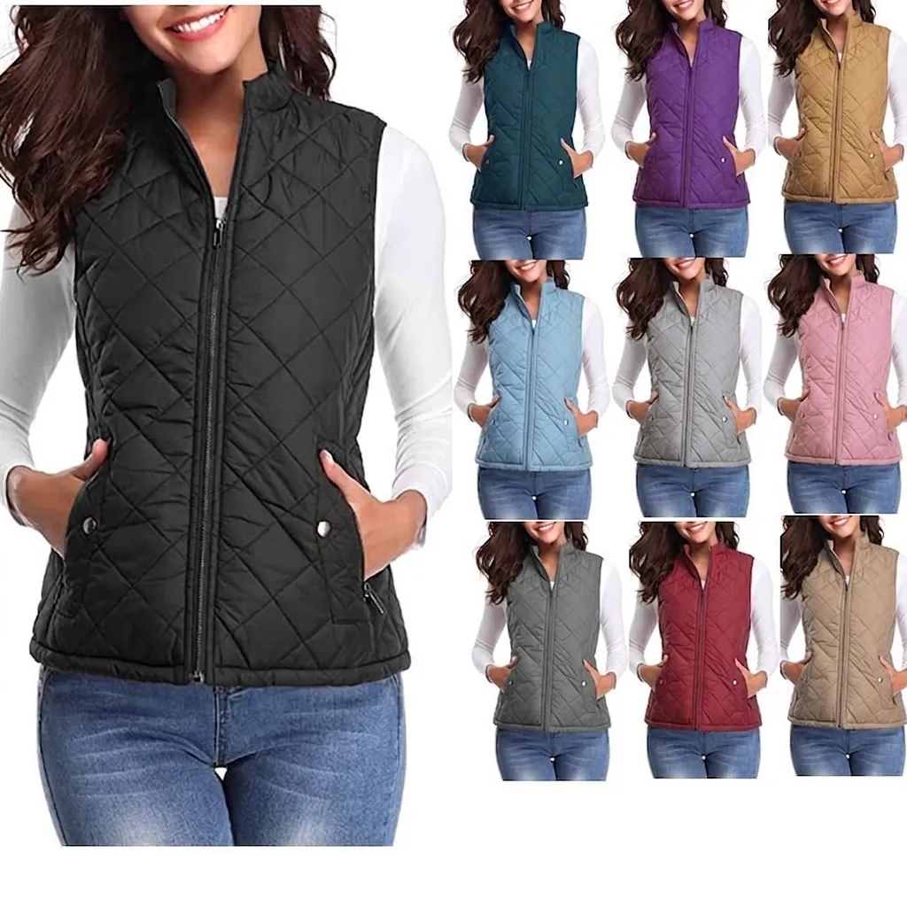 Women's Quilted Padded Vest Cotton Blend Stand Collar Sleeveless Jacket Slim Fit Warm Outerwear With Zipper Pockets Solid Color Casual Vest