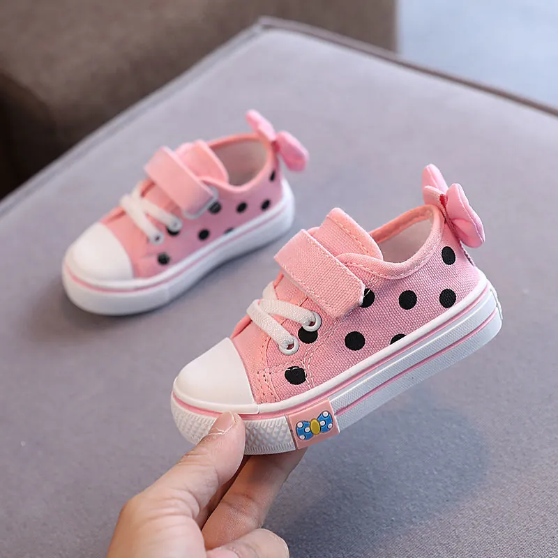 Kids Girls Polka Dot Canvas Shoes Bow Princess Soft Sole Walking Sneakers Velcro Low-top Toddler Board Shoes