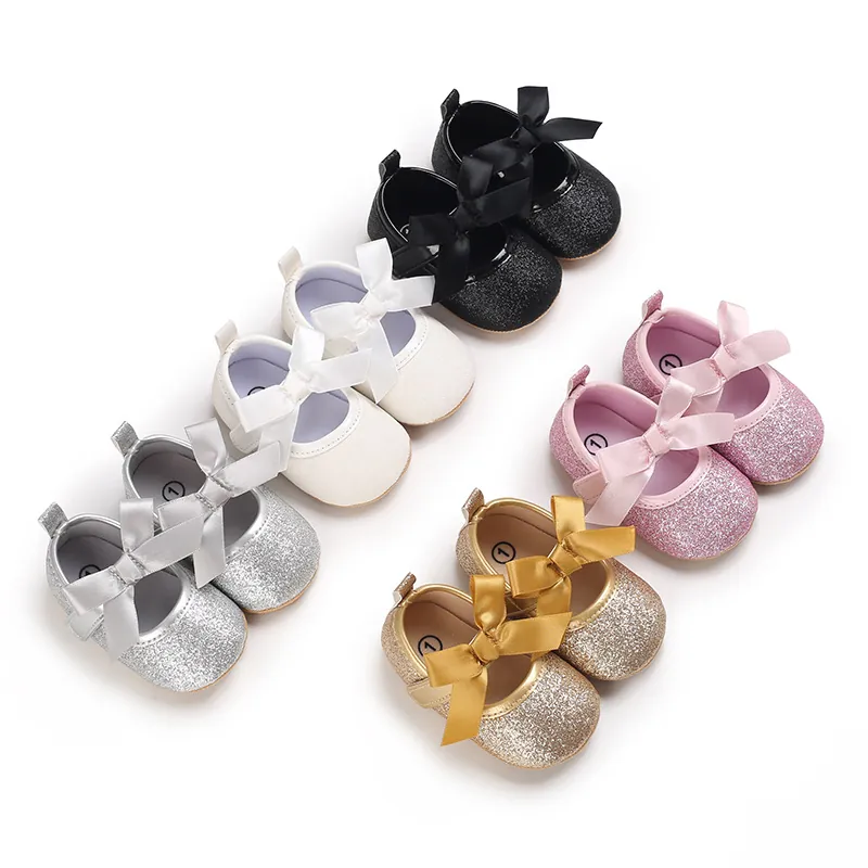Baby Girl Princess Shoes Glitter Bow Sparkle Soft Sole Non Slip First Walkers Infant Toddler Dress Shoes Casual Party Footwear