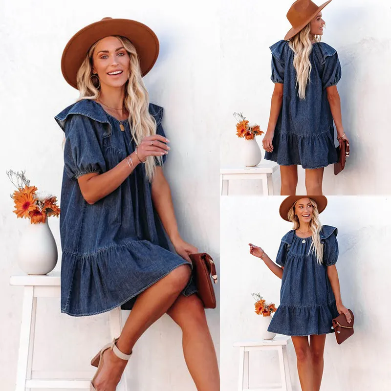 Vestido Corto de Mezclilla para Mujer con Volantes Manga Abullonada Suelto Casual Color Sólido Azul Oscuro Verano Moda Línea A