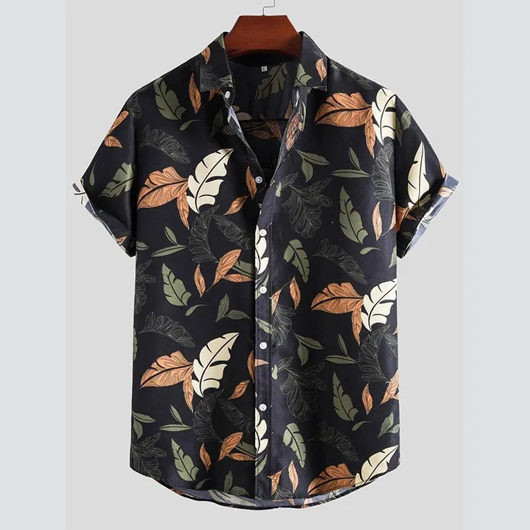 Men Casual Cotton Tropical Leaf Print Shirt Short Sleeve Lapel Button Up Summer Beach Hawaiian Style Black Top