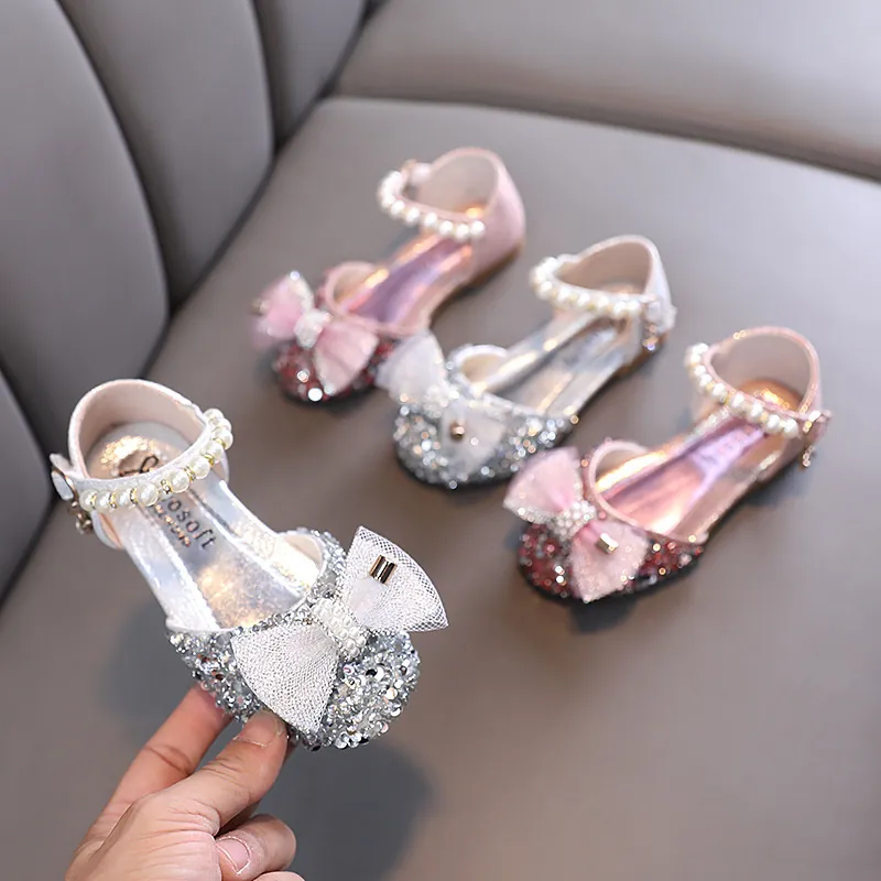 Scarpe da Principessa per Bambina Lucide Paillettes Strass Fiocco Perla Artificiale Mary Jane Basse per Matrimonio Festa Danza