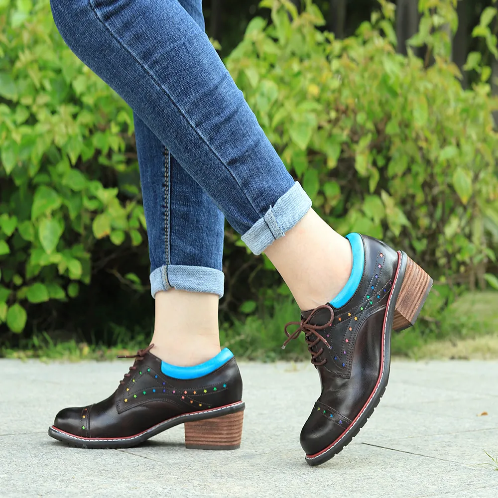 Handcrafted Brush Color Star Cutout Sheepskin Chunky Heel Shoes For Women Retro Lace Up Comfortable Leather Casual Pumps