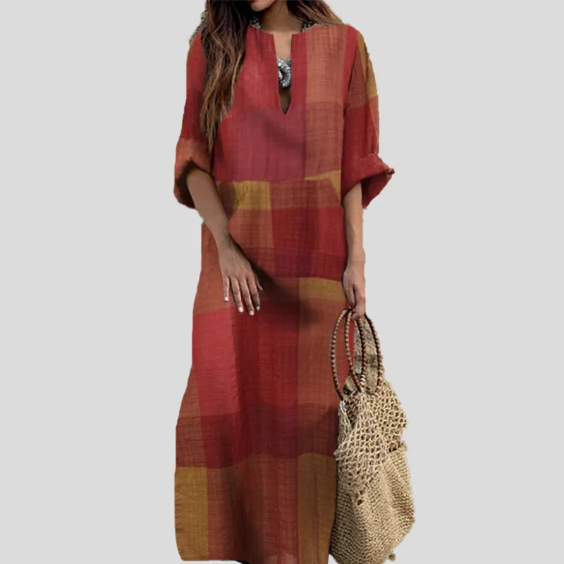 Women Retro Ethnic Style Cotton Plaid Print Maxi Dress Loose Long Sleeve V-Neck Caftan Robe Dress For Casual Vacation