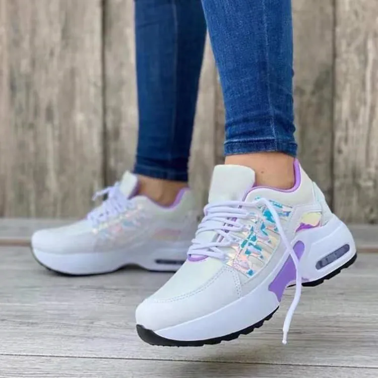 Damen Casual Mesh Sneakers Atmungsaktiv Flyknit Keilabsatz Plateau Laufschuhe Schnürschuhe Sport Mode Schuhe