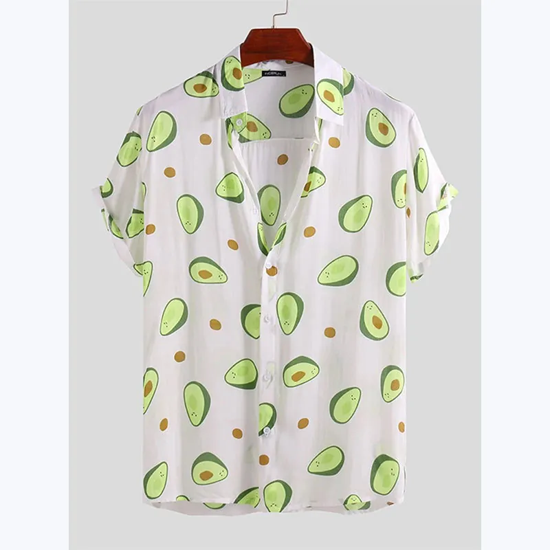 Herren Casual Kurzarm Hemd Polyester Avocado Druck Revers Knopfleiste Strand Urlaub Top