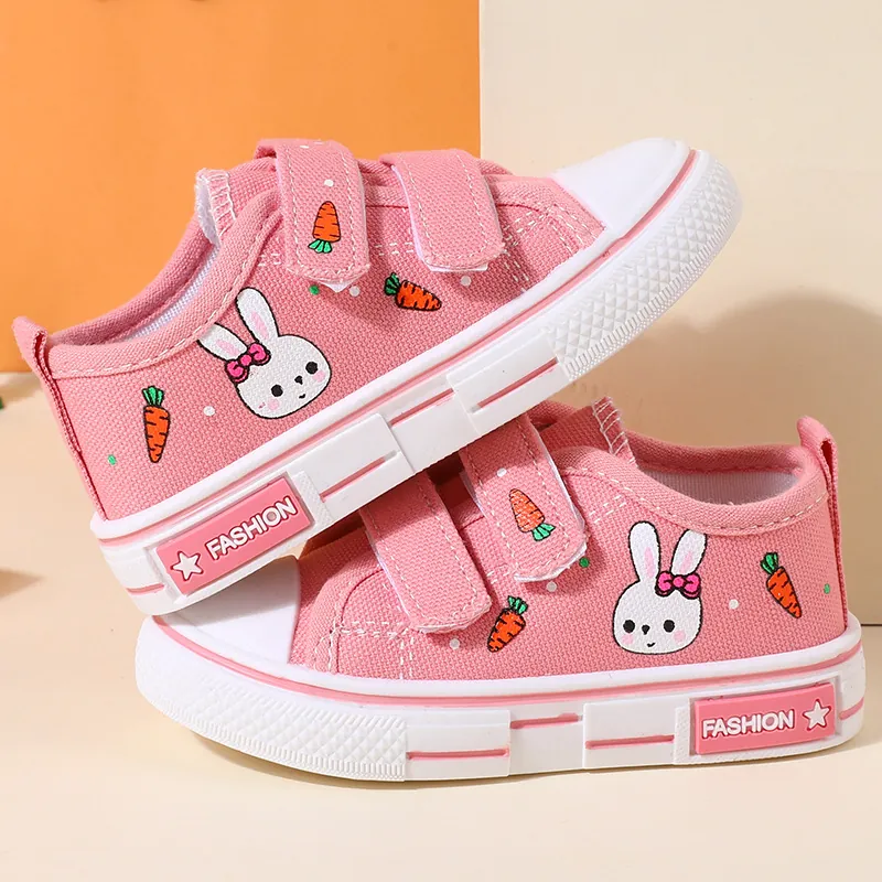 Kids Cartoon Rabbit Print Canvas Shoes Toddler Boys Girls Non-Slip Casual Sneakers Kindergarten Hook-And-Loop Board Shoes