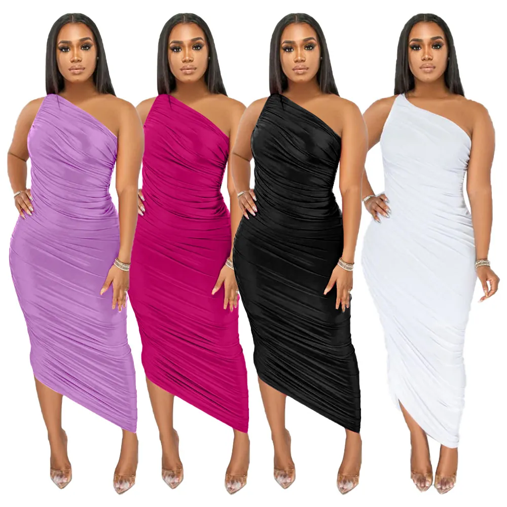 Women Sexy One Shoulder Ruched Bodycon Midi Dress Slim Fit Solid Color Polyester Sleeveless Party Club Wear