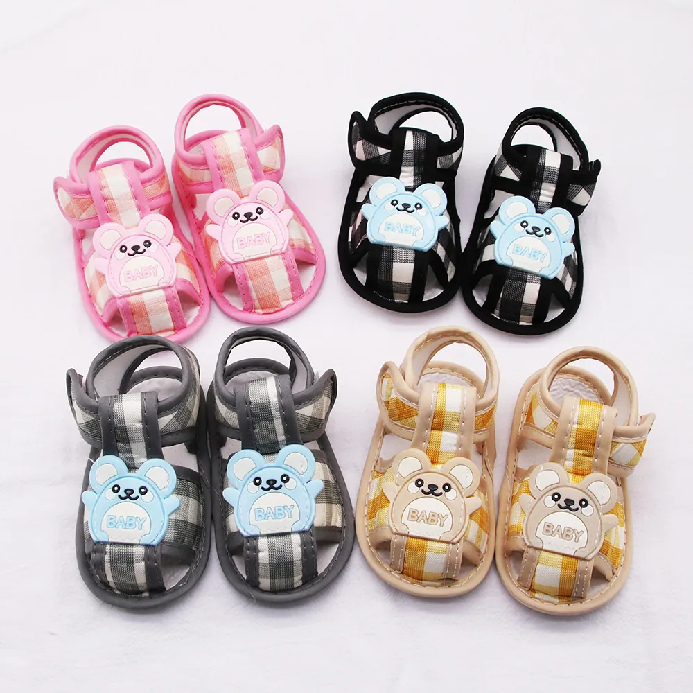 Sandalias de Bebé a Cuadros para Lactantes Suela Blanda Oso de Dibujos Animados Zapatos de Aprendizaje Tela Gingham Transpirable Verano