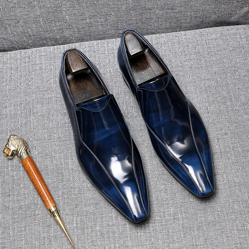 Men's Luxury Cowhide Leather Loafers Glossy Patina Business Dress Shoes Breathable Pointed Toe Slip-On Casual Formal Footwear