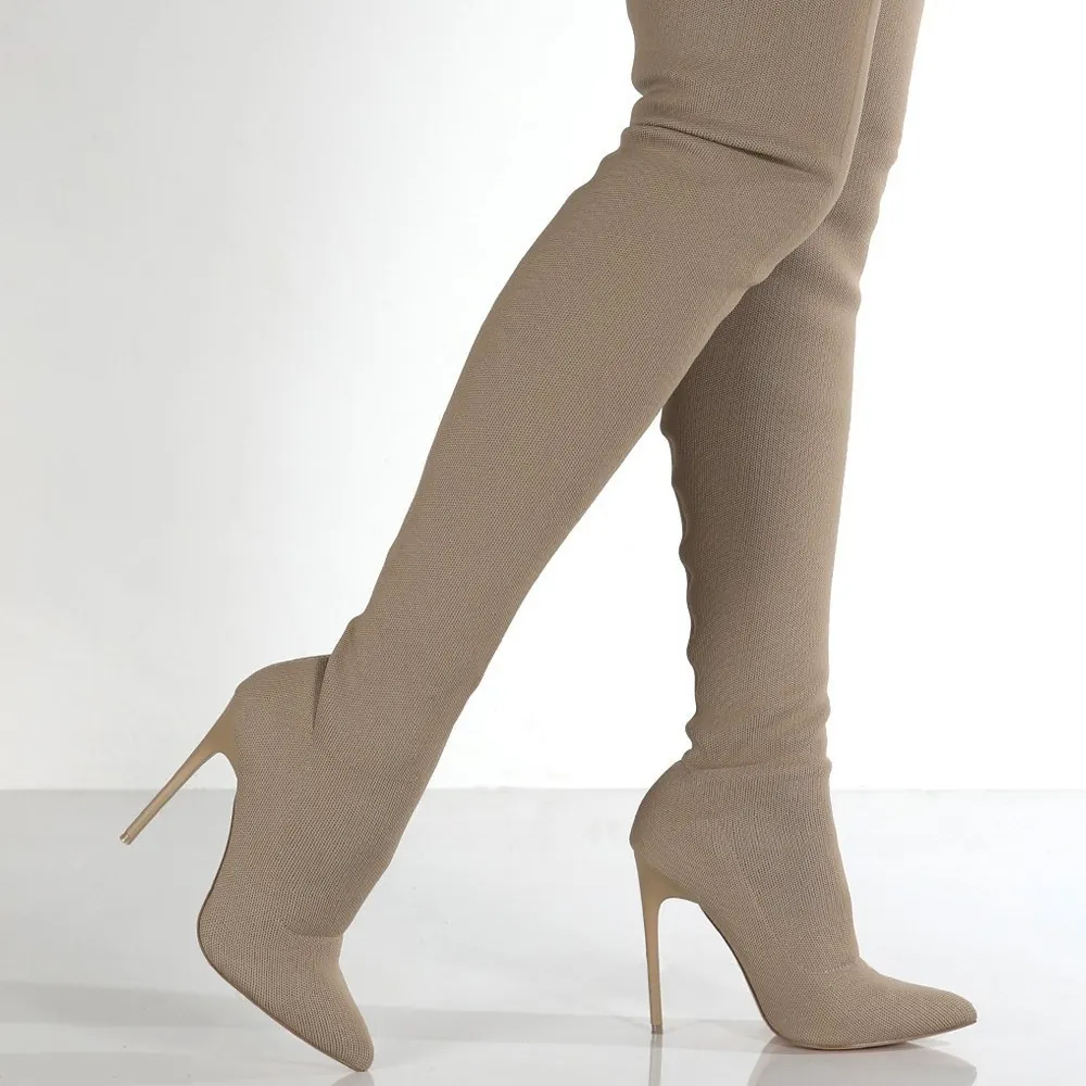 Women Over The Knee Sock Boots Pointed Toe Stiletto High Heel Stretch Knitted Suede Thigh High Slim Fit Fashion Long Boots