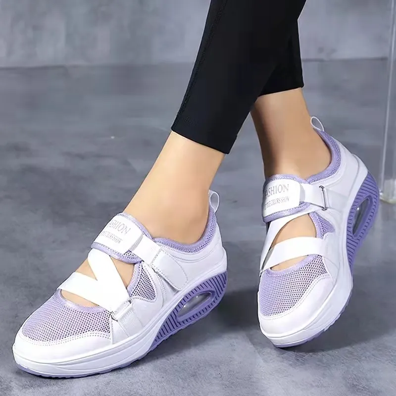 Baskets à Coussin d Air Respirantes pour Femmes Semelle Épaisse PU Mesh Chaussures de Marche Casual Plateforme Velcro