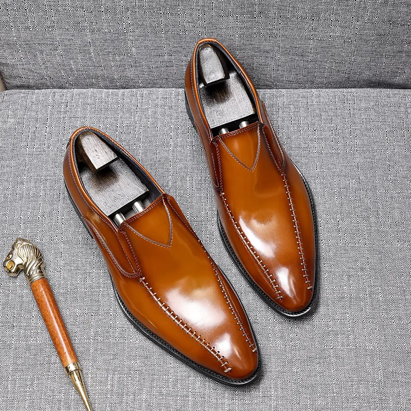 Men's Cowhide Leather Loafers Pointed Toe British Style Business Formal Dress Shoes Slip-on Breathable Stitched Flat Shoes