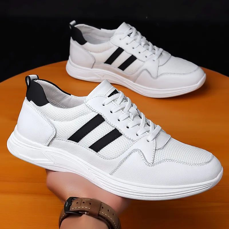 Men Casual Invisible Height Increasing Sneakers Cowhide Leather Mesh Breathable Elevated White Shoes For Everyday Wear Youth