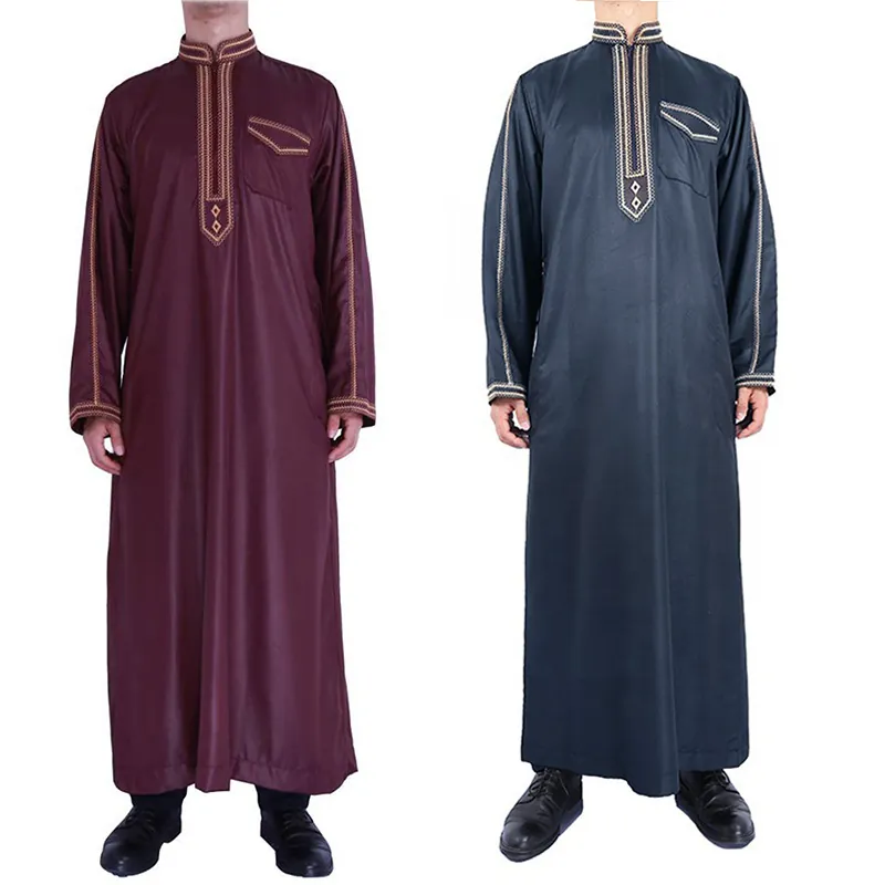 Men Traditional Kaftan Robe Stand Collar Long Sleeve Loose Ethnic Thobe With Geometric Pattern Embroidery Long Robe For Men