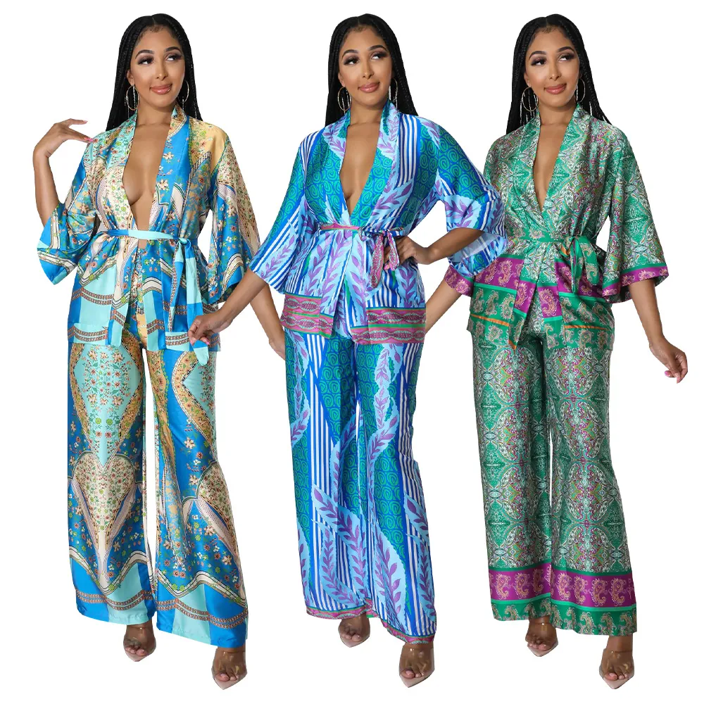 Women Bohemian Satin Printed Two Piece Set V Neck Wrap Top and Wide Leg Pants Elegant Casual Summer Vacation Outfit