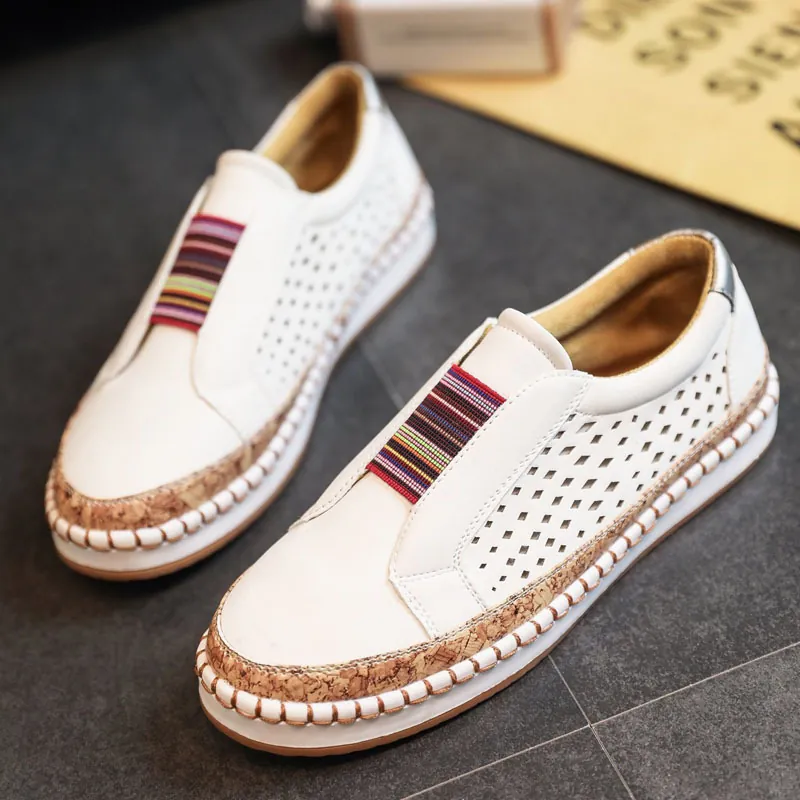 Mocasines Casuales para Mujer Calados Transpirables Zapatos Slip-on con Cinta de Arco Iris Zapatos de Verano Planos de Cuero PU