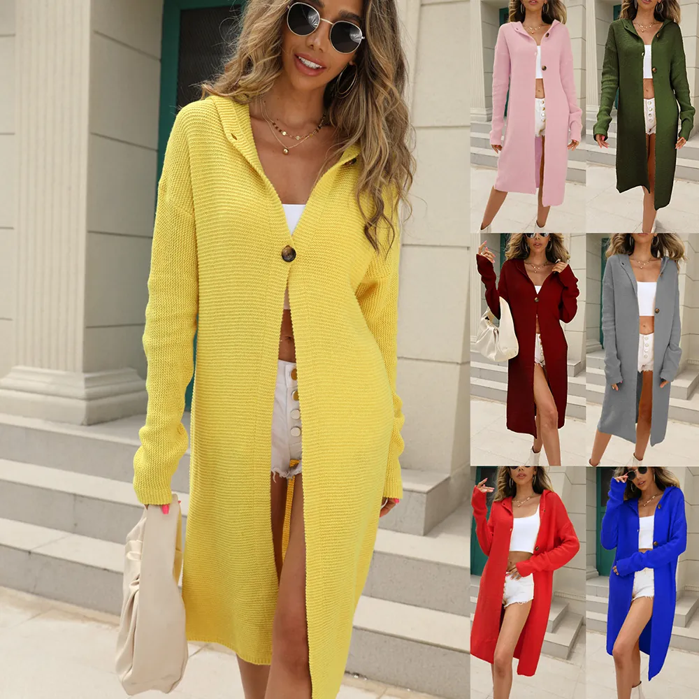 Women's Long Hooded Knitted Cardigan Sweater Solid Color Single Button Long Sleeve Loose Fit Casual Knit Coat Outerwear