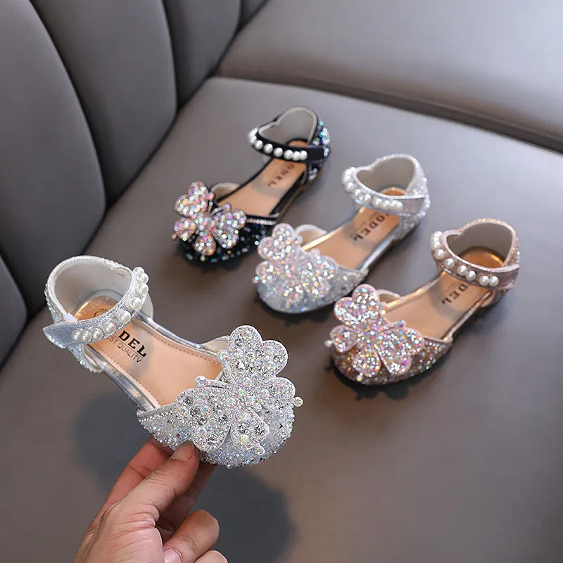 Girls Princess Mary Jane Shoes Shiny Rhinestone Bowknot Artificial Pearl Strap Non-slip Synthetic Leather Party Shoes