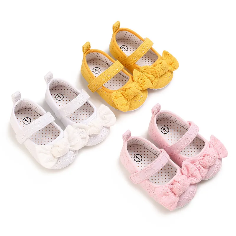 Chaussures Princesse Mary Jane pour Bébé Filles Semelle Souple Antidérapante Premiers Pas Brodées Nœud en Coton